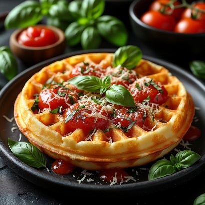 фото сырных венских вафель с сыром, томатом и зеленью