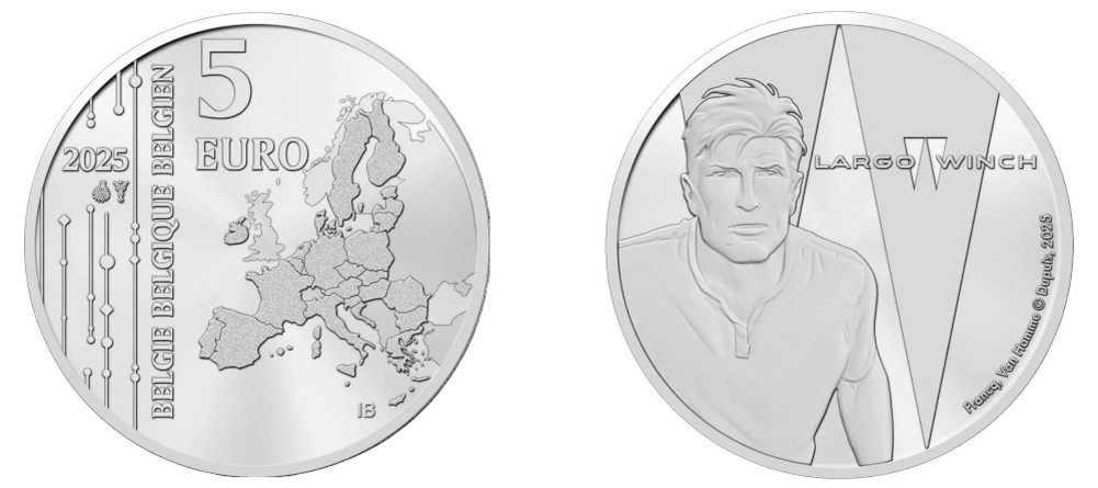    Монета Бельгии 5 евро 2025 года с портретом Ларго Винча из комиксов