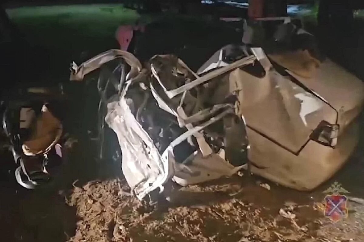    Все, что осталось от врезавшегося в опору ЛЭП авто, сняли на видео в МВД