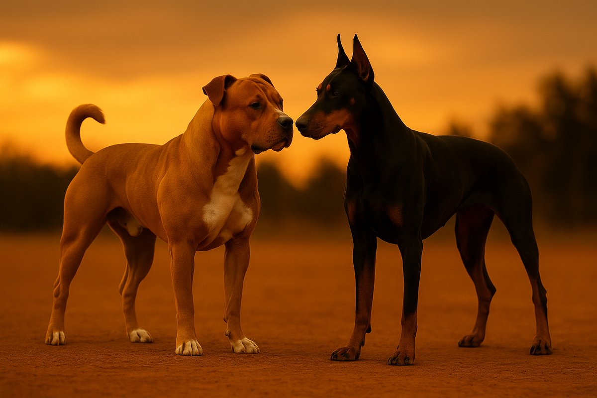 Стаффордширский терьер и доберман — встреча силы и скорости.