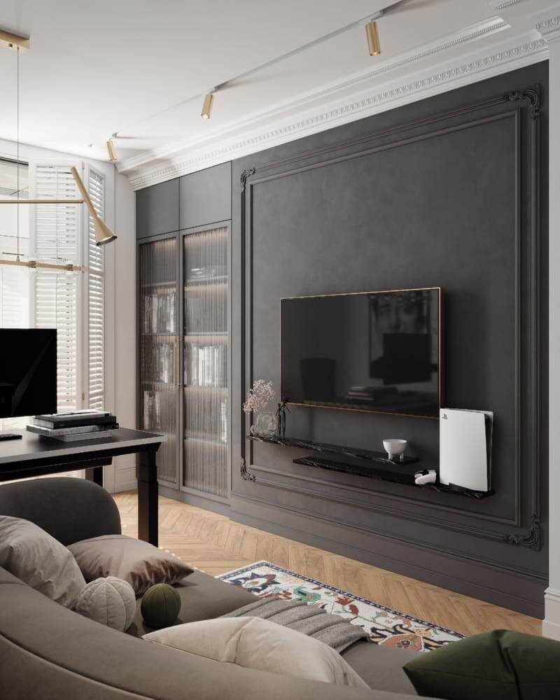 Акцент часто размещают за красивым мягким гарнитуром или телевизором.