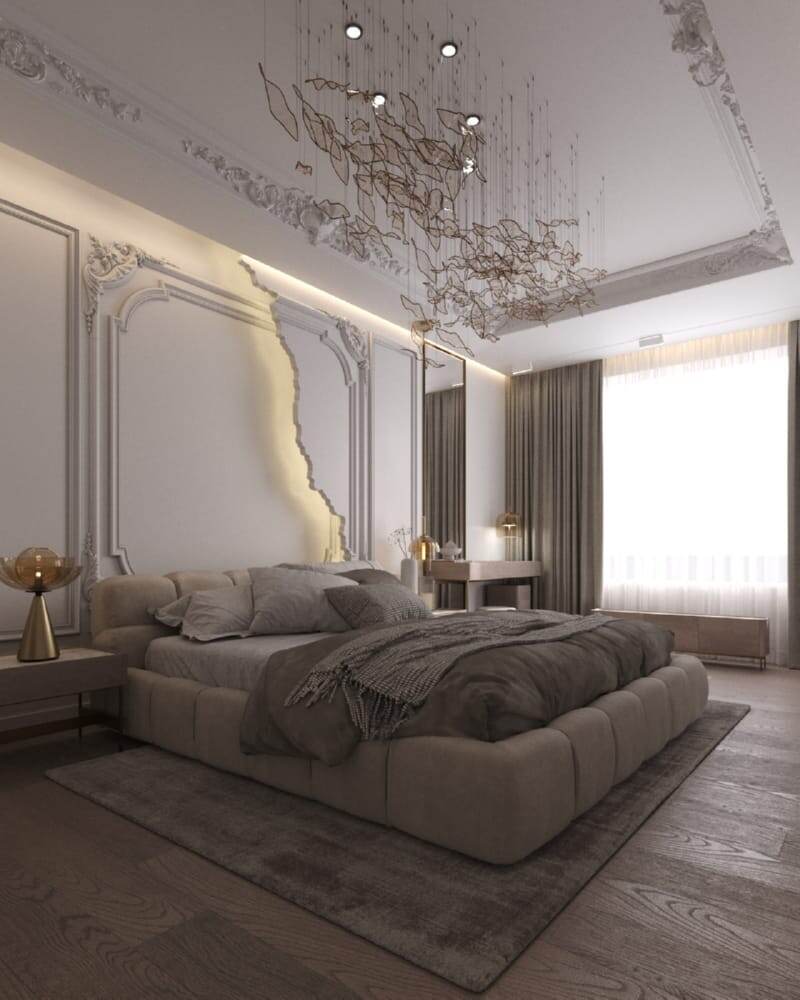 Спальня – комната для отдыха и расслабления, поэтому подбирают мягкие фактуры и теплые, приглушенные оттенки.