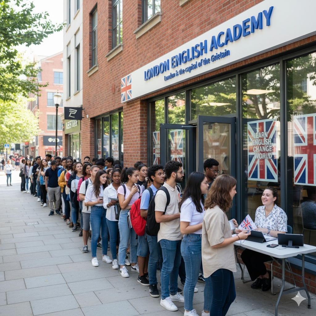 Очередь в школу английского языка после рекламы 