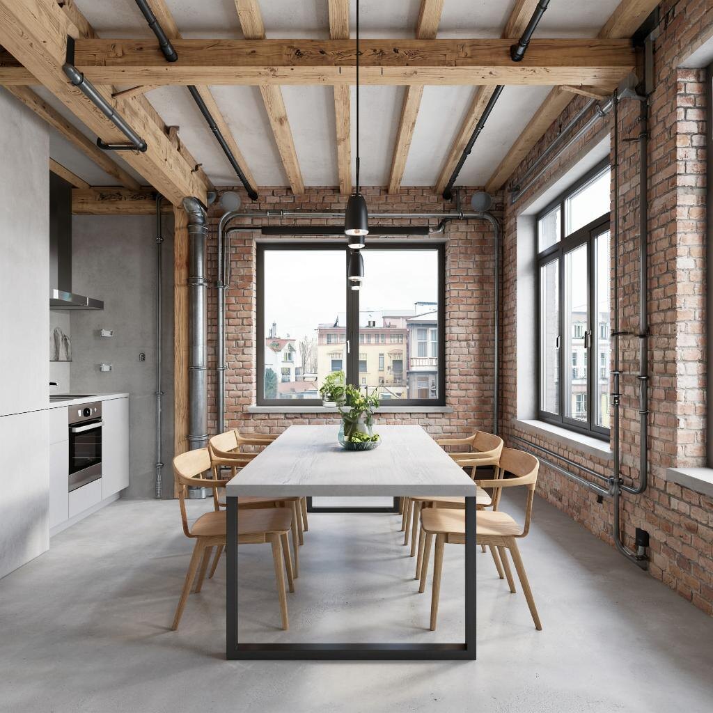 Стол из микроцемента в квартире в стиле лофт