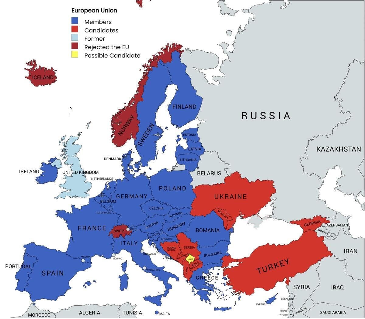 Последней страной, вступившей в Евросоюз, оказалась Хорватия. Это произошло еще в 2013 году в рамках шестого расширения.Присоединение к Евросоюзу не обязывает страну становиться частью Шенгенской зоны — это разные организации. К примеру, Ирландия — член Евросоюза — не подписала Шенгенское соглашение. Страны не обязаны также становиться частью зоны евро. Дания и Швеция на референдуме решили сохранить свои валюты.Некоторые страны отказались стать частью Европейского союза. Это Швейцария, Норвегия и Исландия. Однако они входят в Шенгенскую зону. Великобритания — единственное государство, которое вышло из ЕС. В 2016 году во время референдума за выход из Евросоюза проголосовали 51,9%.Вступление в Евросоюз — зачастую процесс длительный. К примеру, Босния и Герцеговина подала заявку на членство в 2016 году, но стала кандидатом лишь в 2022 году.Помимо Боснии и Герцеговины статус кандидата имеют Турция, Грузия, Черногория, Сербия, Северная Македония, Албания, Молдова и Украина. Турция и вовсе подала заявку в 1987 году, а страной кандидатом стала в 1999 году. Войти в Евросоюз страна не смогла до сих пор.Косово — еще один потенциальный кандидат. Оно подало заявку на членство в 2022 году. Однако не все страны Европейского союза признают Косово отдельной страной.