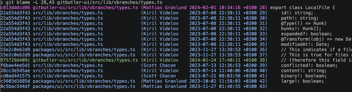 

git blame -L