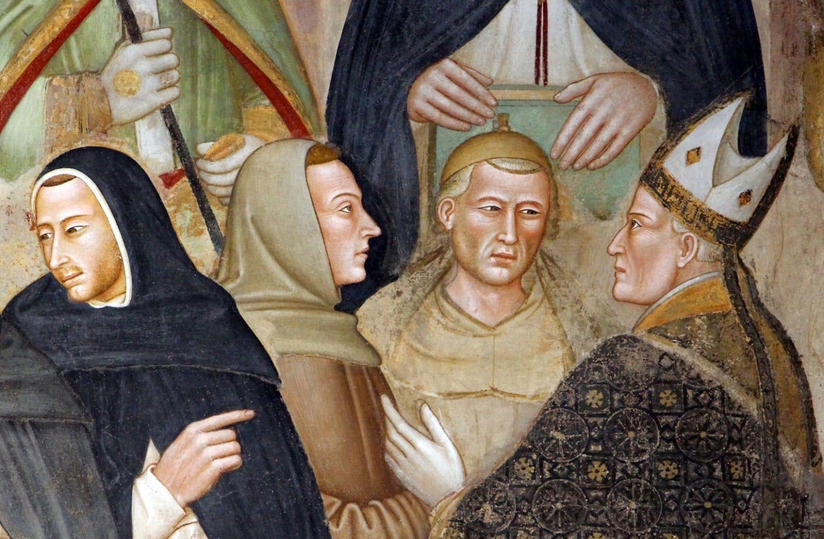 Уильям Оккам и Микеле Чезена (в центре). Фрагмент фрески Церковь Воинствующая и Церковь Торжествующая. Ок. 1365 Художник — Андреа да Фиренце. Церковь Санта-Мария-Новелла, Флоренция