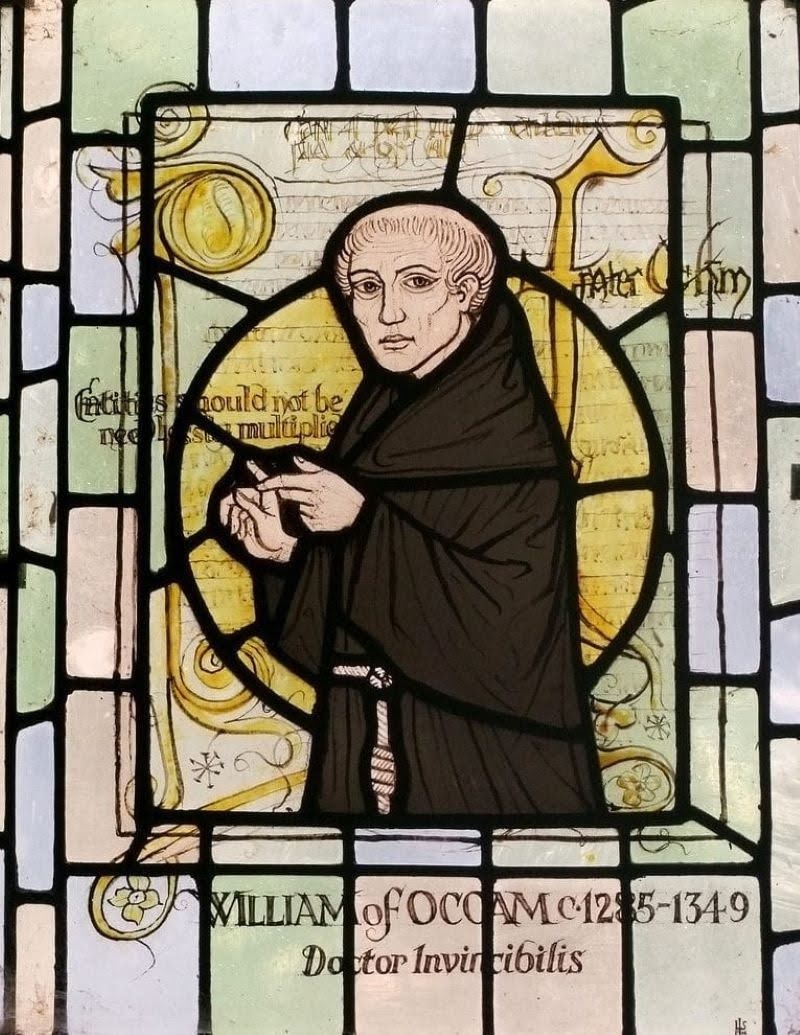 Уильям Оккам (лат. Gulielmus Occamus). Витраж Церкви Всех святых, графство Суррей