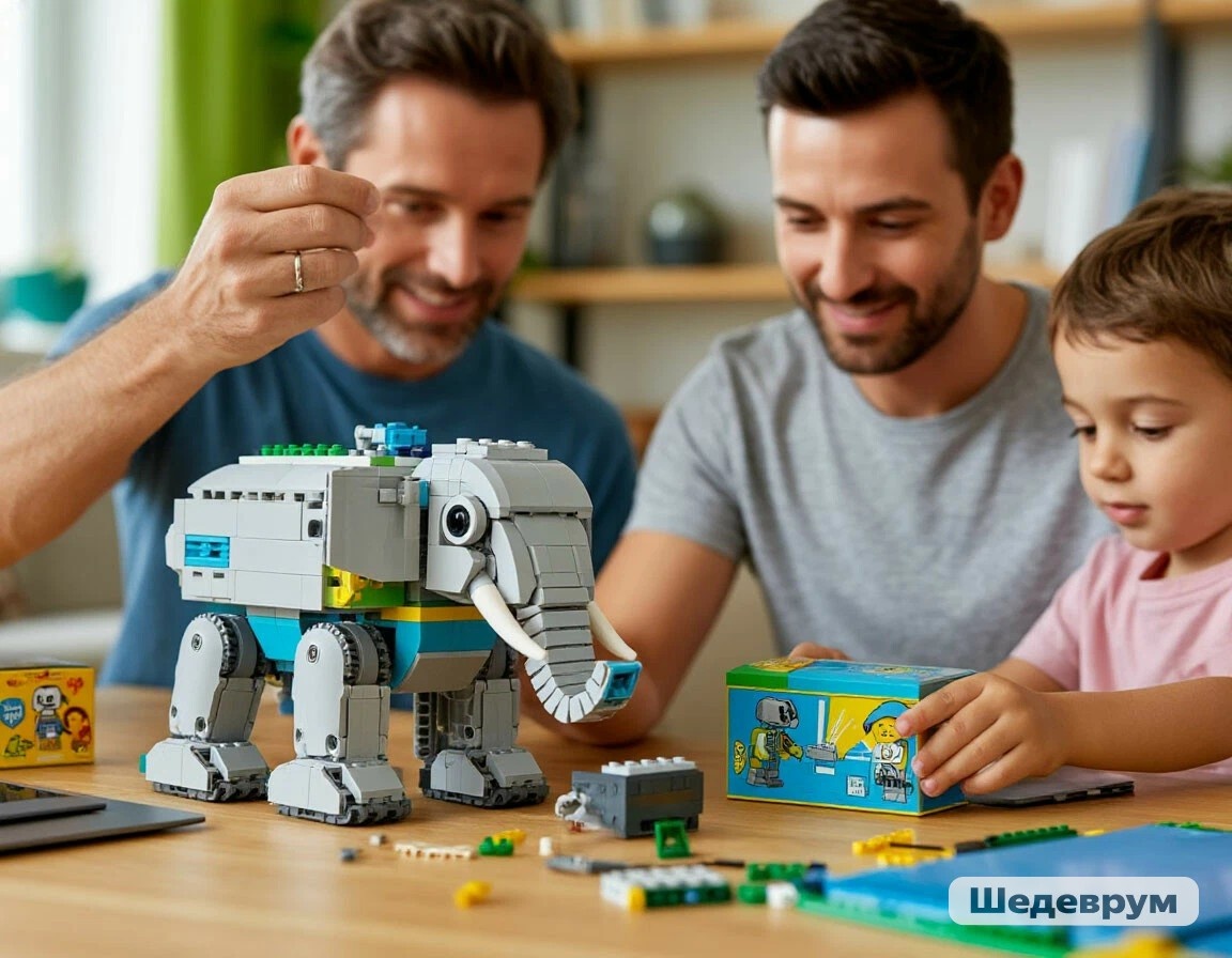 Изображение сгенерированно ИИ. Семейная сборка конструктора.