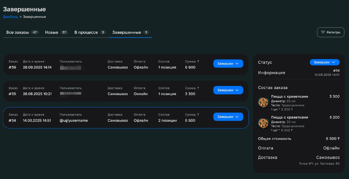 Пример информации о заказе в личном кабинете бизнеса.