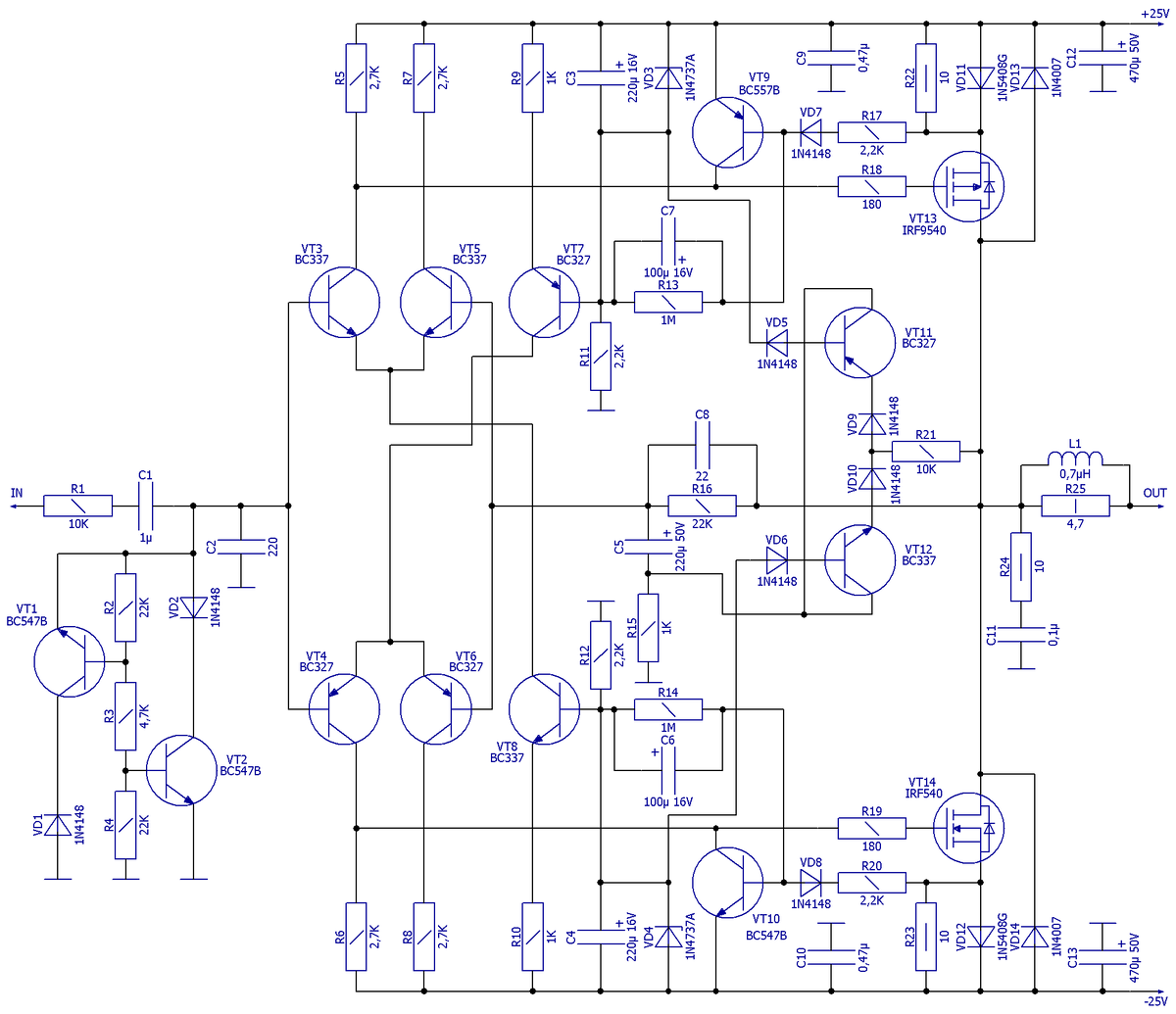 Схема электрическая принципиальная транзисторного УМЗЧ с «лампоподобной» амплитудной ха-рактеристикой