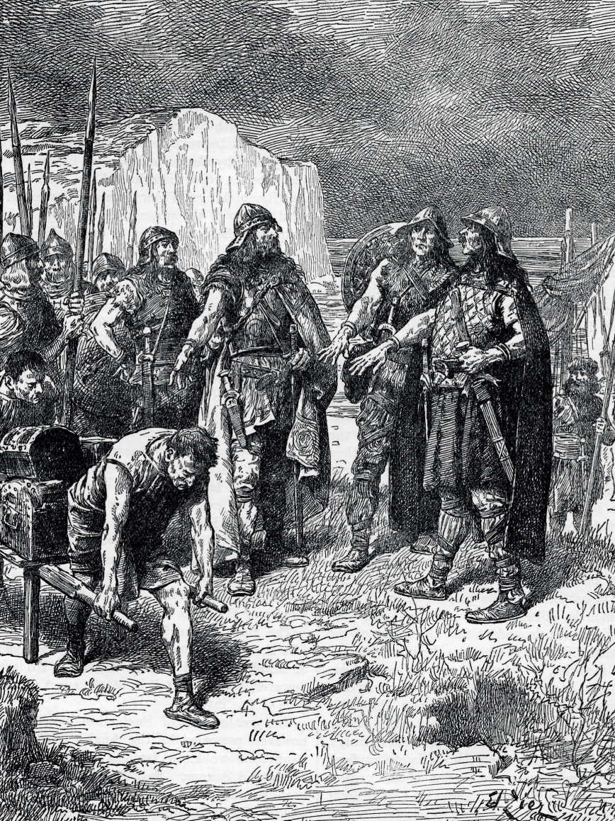 Иллюстрация встречи короля Вортигерна с наёмниками Хенгистом и Хорсой на острове Танет в Кенте. Два брата возглавили волну иммиграции в юго-восточную Англию.