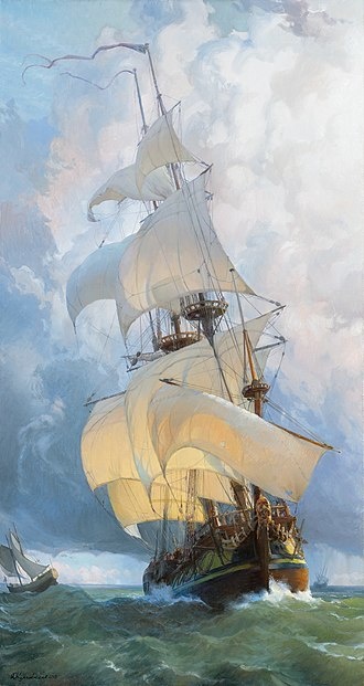 Кушевский Ю. А. «Фрегат Петра Великого «Штандарт» (1703 год), 2019 год. Холст, масло. Размеры:100 x 53 см. Фото картины взято из открытых источников.