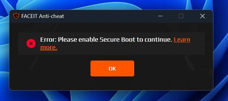 Ошибка Faceit: Please enable Secure Boot to continue.
