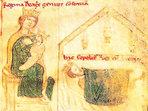 Беатриса Ретельская с дочерью Констанцией над гробом Рожера II, миниатюра XII века