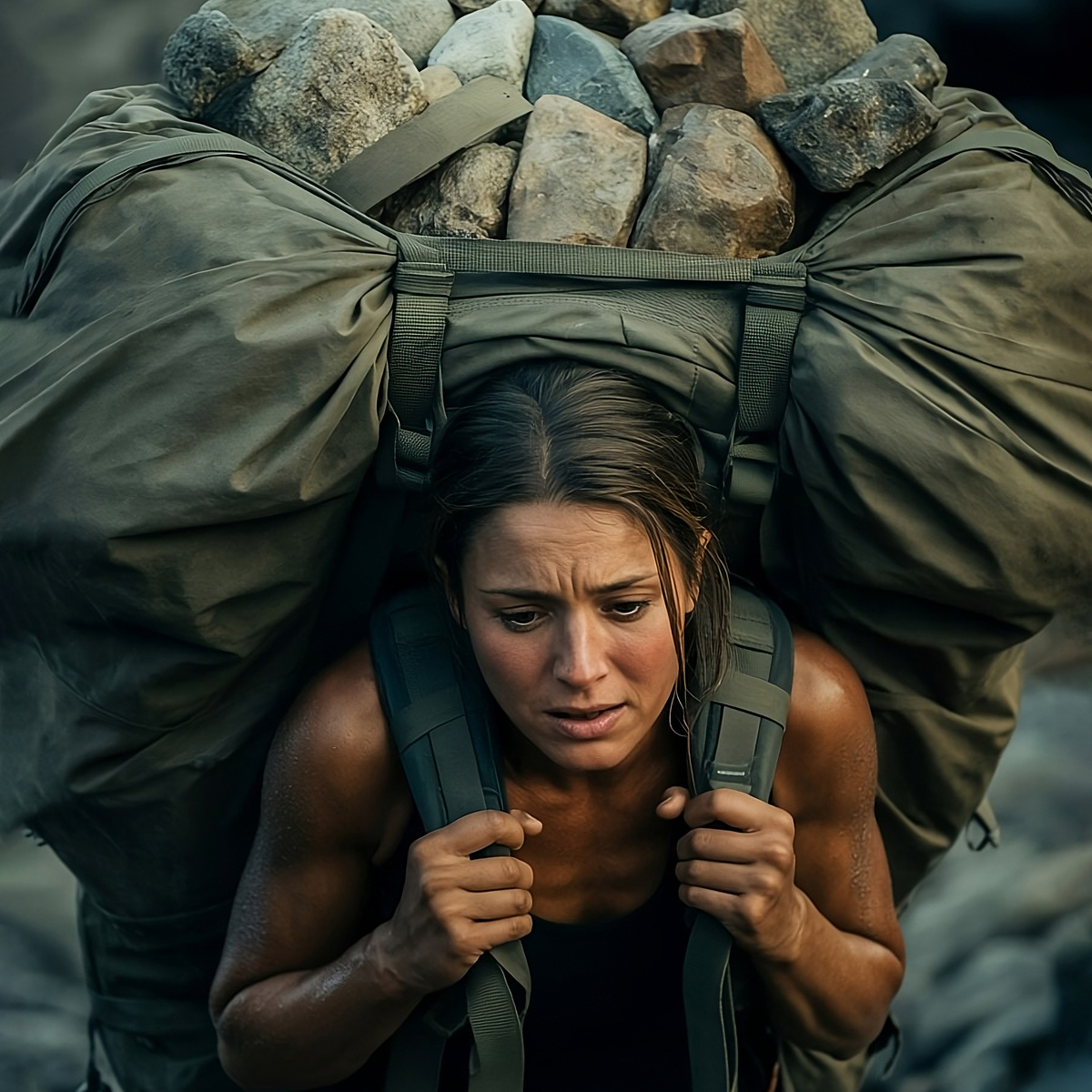 Девушка с тяжедым рюкзаком на плечех, полным камней.