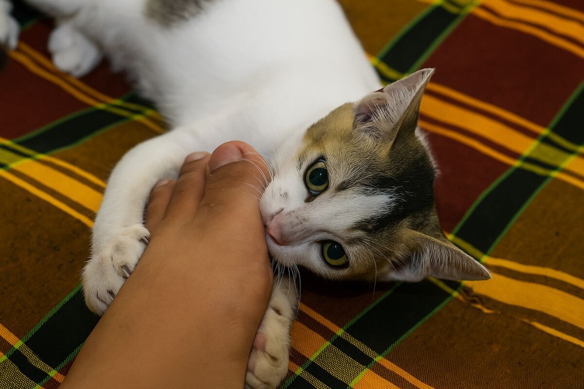Кот кусает ногу 