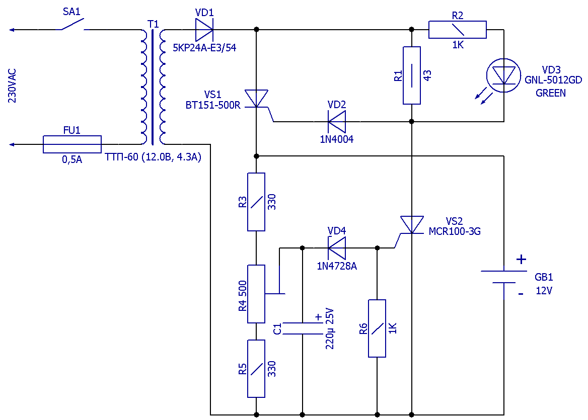Схема электрическая принципиальная автоматического ЗУ для 12-ти вольтовых АКБ разного типа
