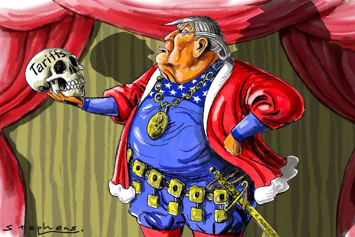 Иллюстрация-карикатура Крейга Стивенса (Craig Stephens): Дональд Трамп в роли Гамлета держит в руке череп Йорика, олицетворяющий импортные тарифы. Источник: сайт газеты South China Morning Post (https://www.scmp.com/)