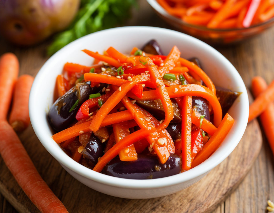    Маринованные баклажаны по-корейски с морковью и сладким перцем. Легко, быстро и вкусно