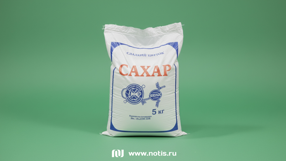 Мешок сахара дозирован и зашит на линии НОТИС