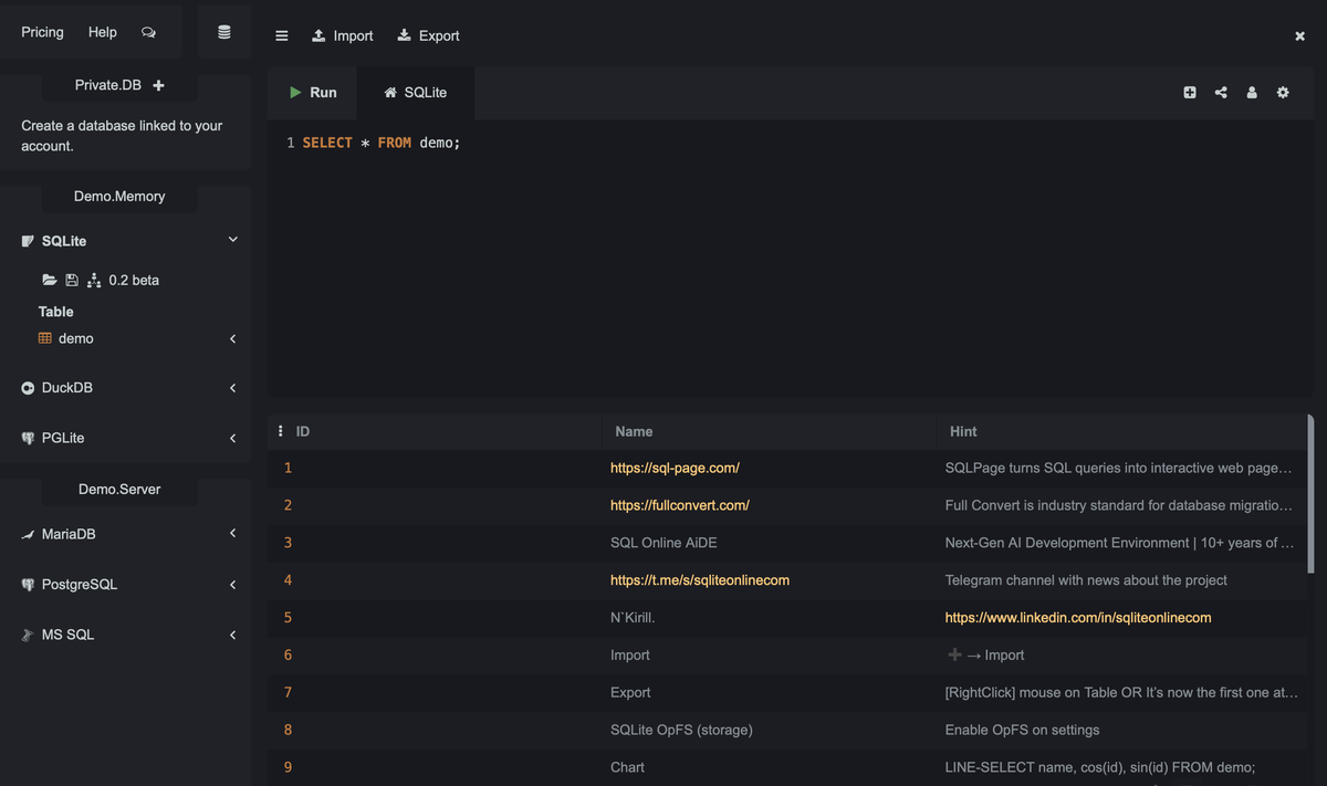Интерфейс. Источник: https://sqliteonline.com