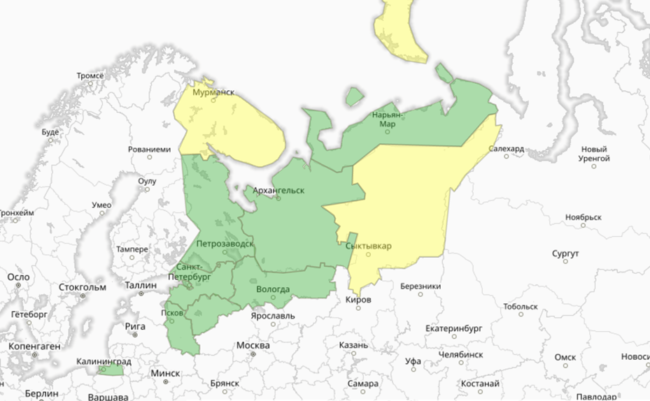    Прогностическая карта предупреждений для СЗФО Автор фото: meteoinfo.ru
