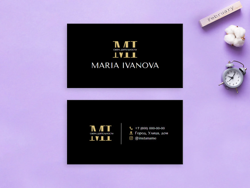 Визитка для мастера индустрии красоты и других сфер, с черным фоном и золотыми инициалами. Размер макета - 90x50 мм.