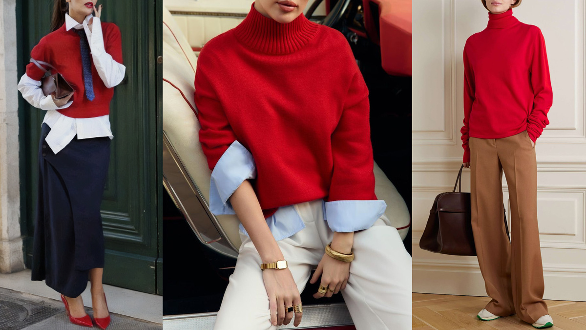 Интересные стилизации с красным джемпером