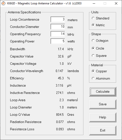 Окно программы с расчетом моей антенны