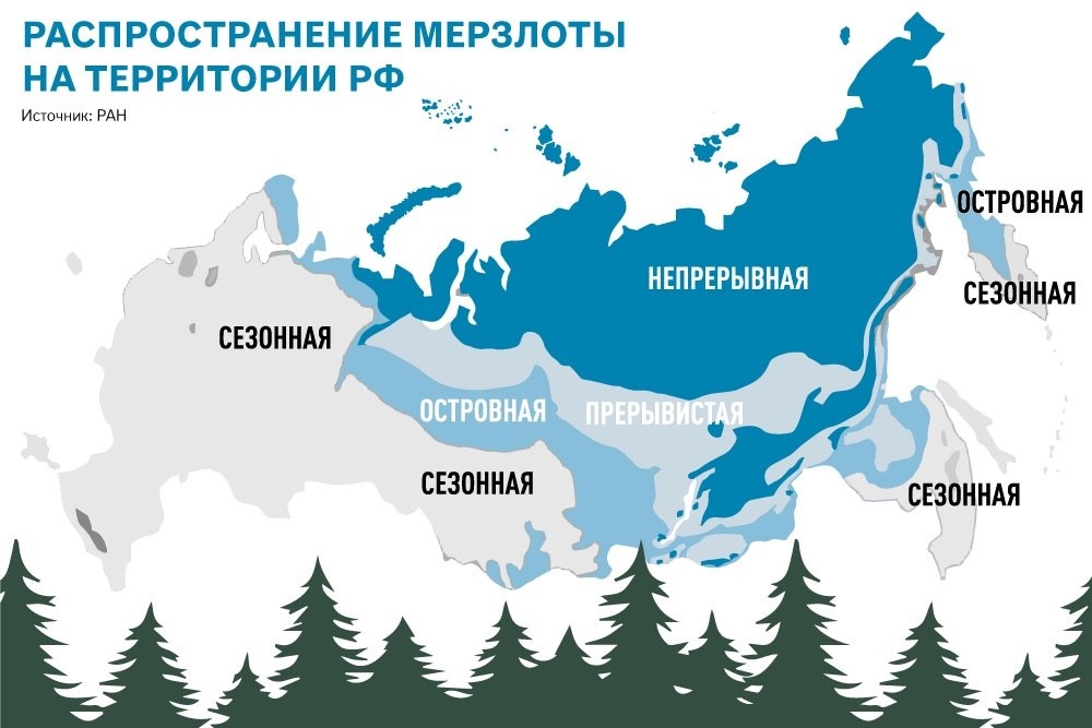   Карта с обозначением зон распространения мерзлоты на территории России. Источник изображения: 9111.ru