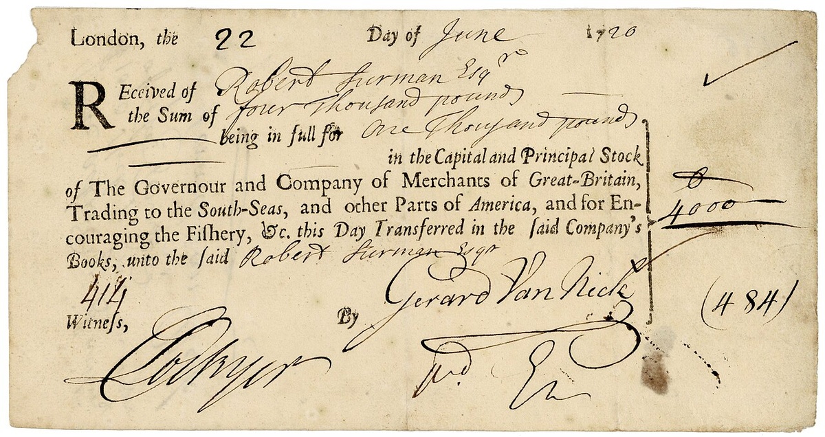 Акция Компании Южных морей в размере 1000 фунтов стерлингов, выпущенная в Лондоне 22 июня 1720 года. Источник: Wikimedia Commons