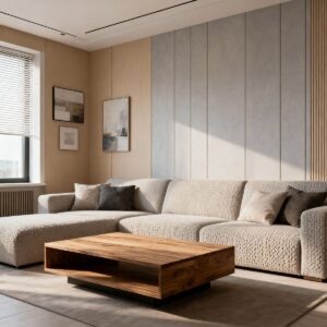    Фотореалистичный интерьер жилой комнаты с отделкой стен МДФ и СМЛ панелями Hilgen, натуральные оттенки, дневное освещение, современный стиль ДомПроще