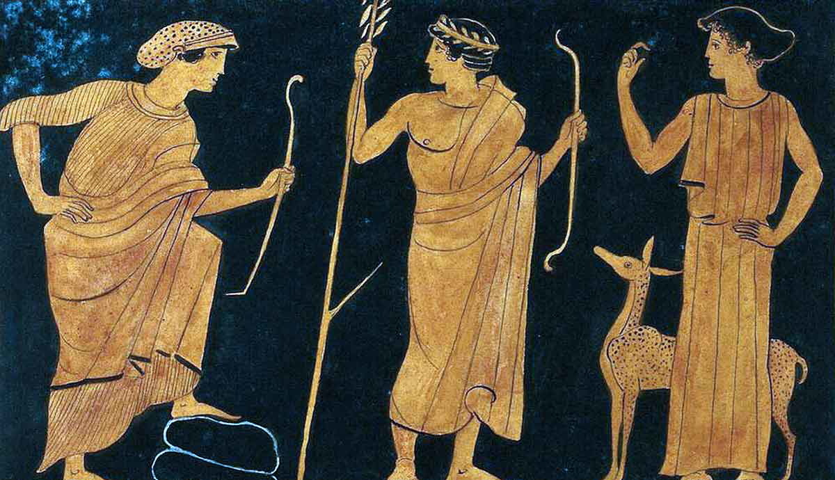 Два лучника с Артемидой (?), на картине «Винная чаша», акварель А. Дальстина, 1760-е годы. Источник: Wellcome Collection