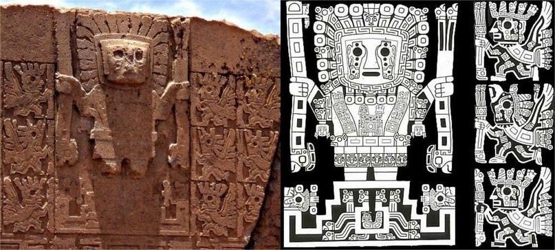 Кон-Тикси-Виракоча. Барельеф на артефакте доинкской цивилизации — Ворота Солнца. Находится в Боливии, на горном плато Альтиплано. На изображении дух Солнца из которого в виде лучей рождаются духи. Дух Солнца стоит на двойственном змее внутри которого находятся духи созданные духом Солнца. Выдержка из 648 заклинания из Текстов саркофагов: "его бесчисленное множество духов было у него во рту..."
