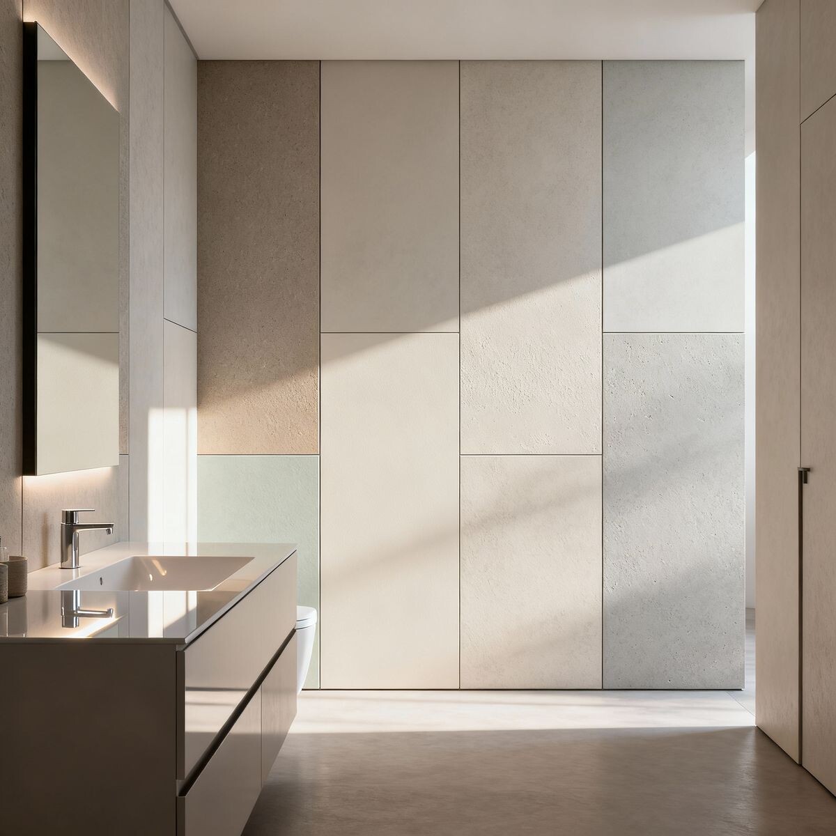 Современная ванная комната с окрашенными влагостойкими СМЛ панелями Hilgen — надежность и стиль в каждом сантиметре.