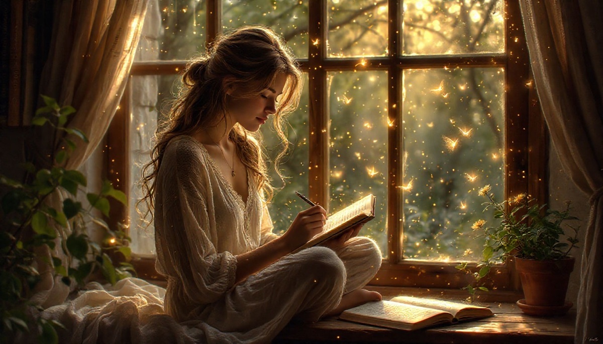 Lевушка сидит у окна в уютной комнате на рассвете, мягкий золотистый свет льётся внутрь. В руках — чашка чая и открытый блокнот, на странице видны строки с аффирмациями 