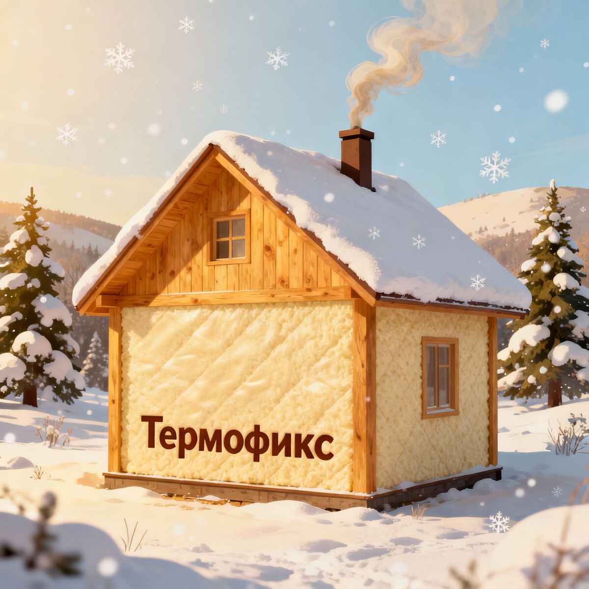 Уютный зимний дом с дымом из трубы, утепленный материалом Термофикс, на фоне зимнего пейзажа