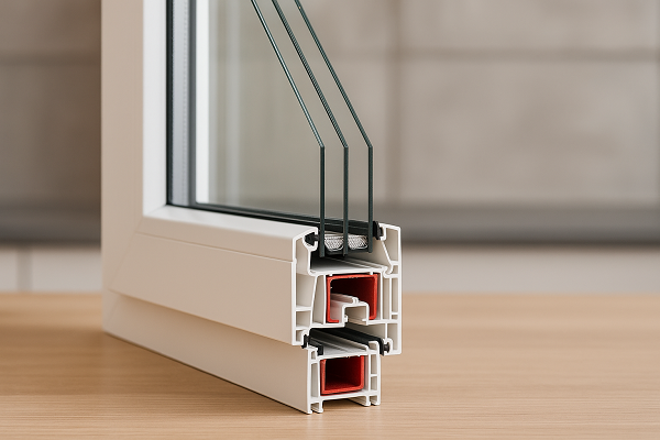 Среза ПВХ-профиля с тройным стеклопакетом и армированием. Видны внутренние камеры, уплотнители и металлическое усиление