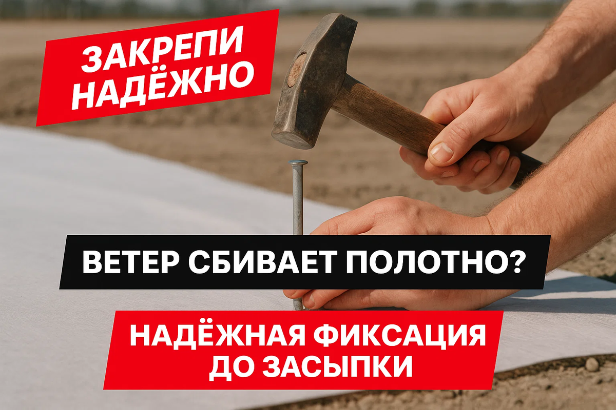 Геоткань держится на месте за счёт веса щебня сверху — это основное крепление