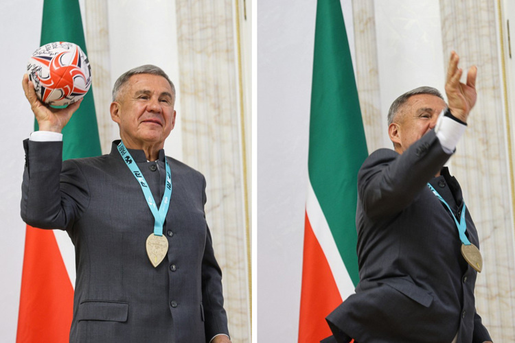    Такого броска никто не ожидал! Регбийный мяч с автографами, который подарили Рустаму Минниханову, раис отправил прямо в зал. Мяч пролетел несколько метров и приземлился точно в руки сидевшего в первом ряду министра спорта РТ Владимира Леонова