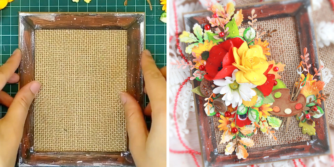 Выглядит как картина: осенняя открытка с букетом цветов из фоамирана, ажурных веточек и листьев. Показываю процесс и результат