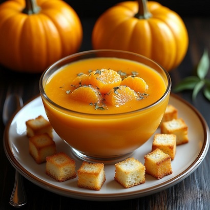 фото тыквенного крем-супа с мандарином и сухариками