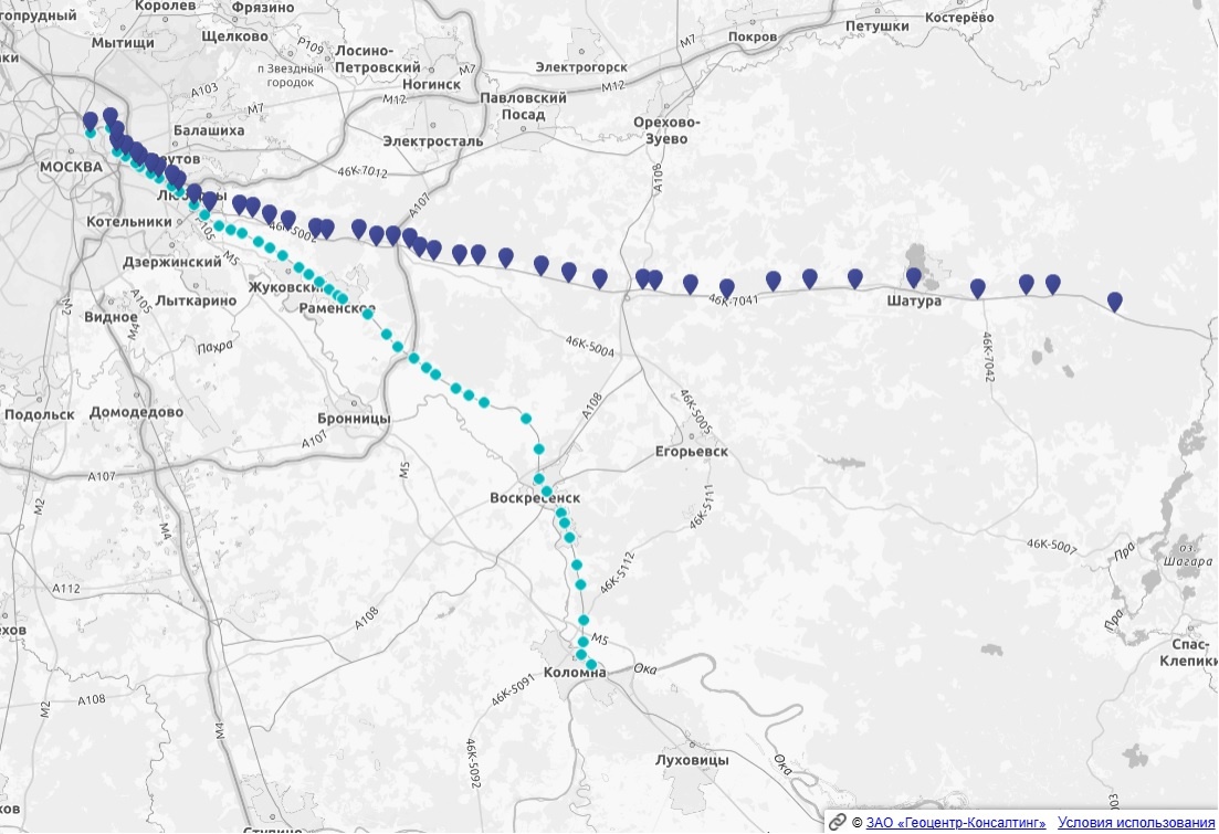 От Казанского до Черусти (синие метки) и до Коломны (зеленые точки)