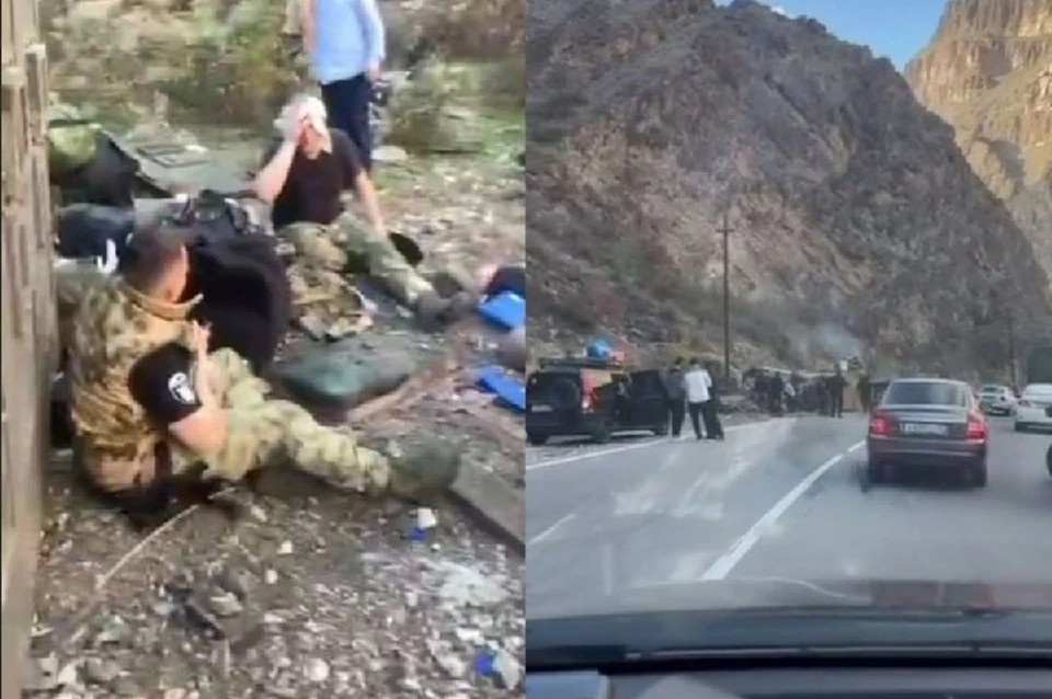    Грузовик с сотрудниками Росгвардии перевернулся на серпантине. Фото: стоп-кадр видео соцсетей очевидцев