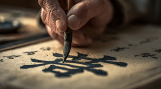 Крупный план руки, пишущей китайские иероглифы кистью на бумаге. Практика каллиграфии и ведения дневника по-китайски как способ изучения языка и погружения в культуру Китая.