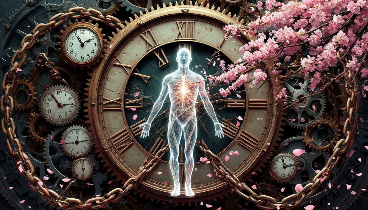 Аллегорическое изображение психологического времени как системы пожирающих друг друга шестерёнок и цепей, которые опутывают и сковывают человеческое сознание. В центре композиции — полупрозрачная, светящаяся человеческая фигура (символ души или разума), которая разрывает эти тиранические часы изнутри. Шестерёнки трескаются, расплавляются и превращаются в стаю летящих бабочек или в рассыпающиеся лепестки сакуры, символизируя освобождение. Цифры с циферблатов падают, как дождь, и тают в воздухе. Лицо человека выражает не агрессию, а глубокое облегчение и умиротворение.