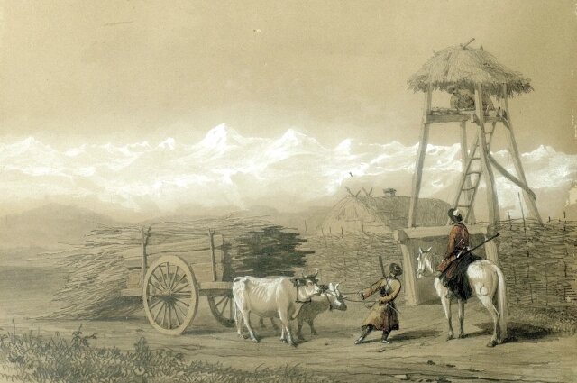    Казачий пост на Кавказе. 1846 год. Автор акварели - Г.Г.Гагарин Фото: Государственный Лермонтовский музей-заповедник «Тарханы»