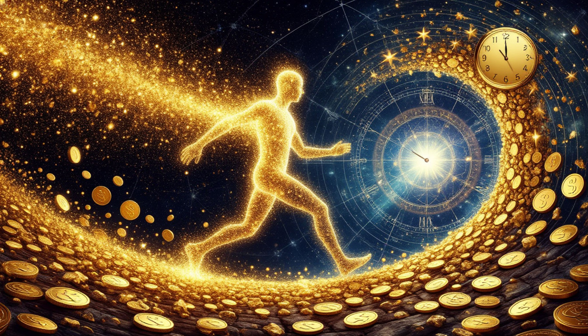 Момент квантового скачка человеческого сознания из ограниченного мира в безмерное изобилие вечности. Человеческая фигура, сделанная из света, делает шаг вперед и рассыпается мириадами золотых частиц, звезд и символов изобилия (семена, ростки, монеты, драгоценные камни). Этот "прыжок" происходит через портал, разрывающий ткань привычной реальности (изображенную как стена с часами или линейный график), в сияющее, бесконечное пространство вечности — яркую туманность, полную жизни, света и сложных, переплетающихся узоров (мандала, цветок жизни). Выражение лица человека — экстатическое, просветленное.