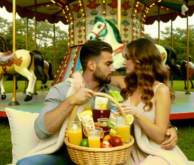 Сотрудники парка принесли плед, подушки и корзину с угощениями, фруктами, сладостями, соком и изысканным лимонадом в хрустальных бокалах. Устроившись на мягкой траве рядом с каруселью, они сидели, обнявшись, наблюдая, как вращаются разноцветные лошадки.